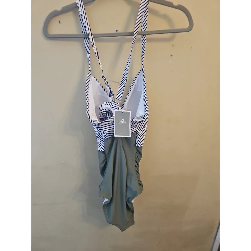 Eomenie Women‎ Swimsuit Oilve Green Black Strips Size Medium